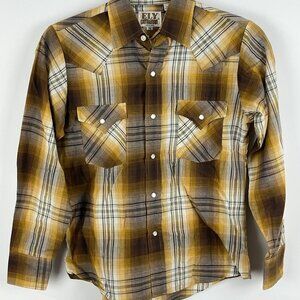 Ely Cattleman Blouse Shirt Size M Brown Plaid Button Up Long Sleeve Pockets